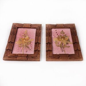 Vintage Handmade Set of Small Framed Pressed Flowers on Pink Velvet 7x4.75”